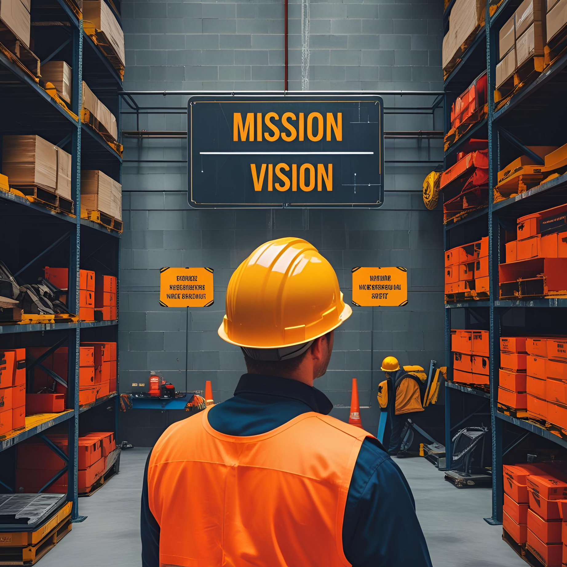 Missione e Visione Sicura HSE — lavoratore che guarda il cartello Mission Vision